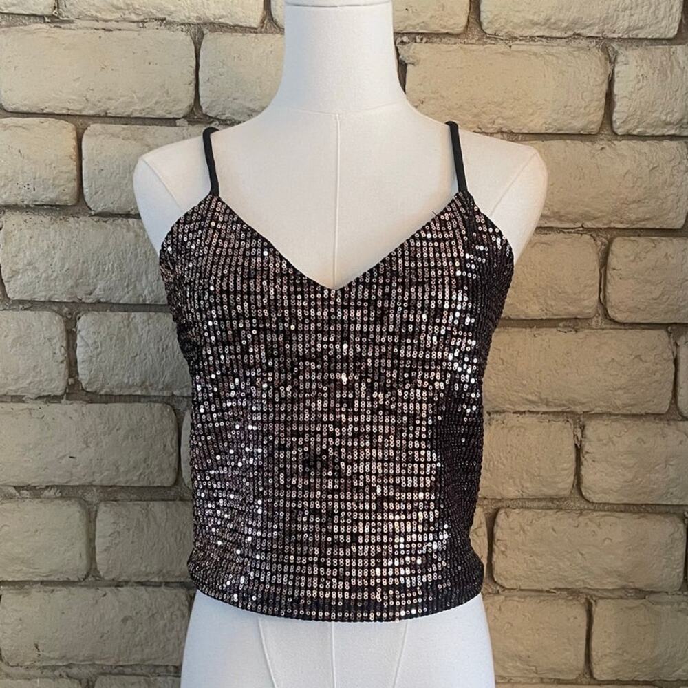 Olive Tree Black Sequin Crop‎ Top - Size Large Sparkly Party Cami